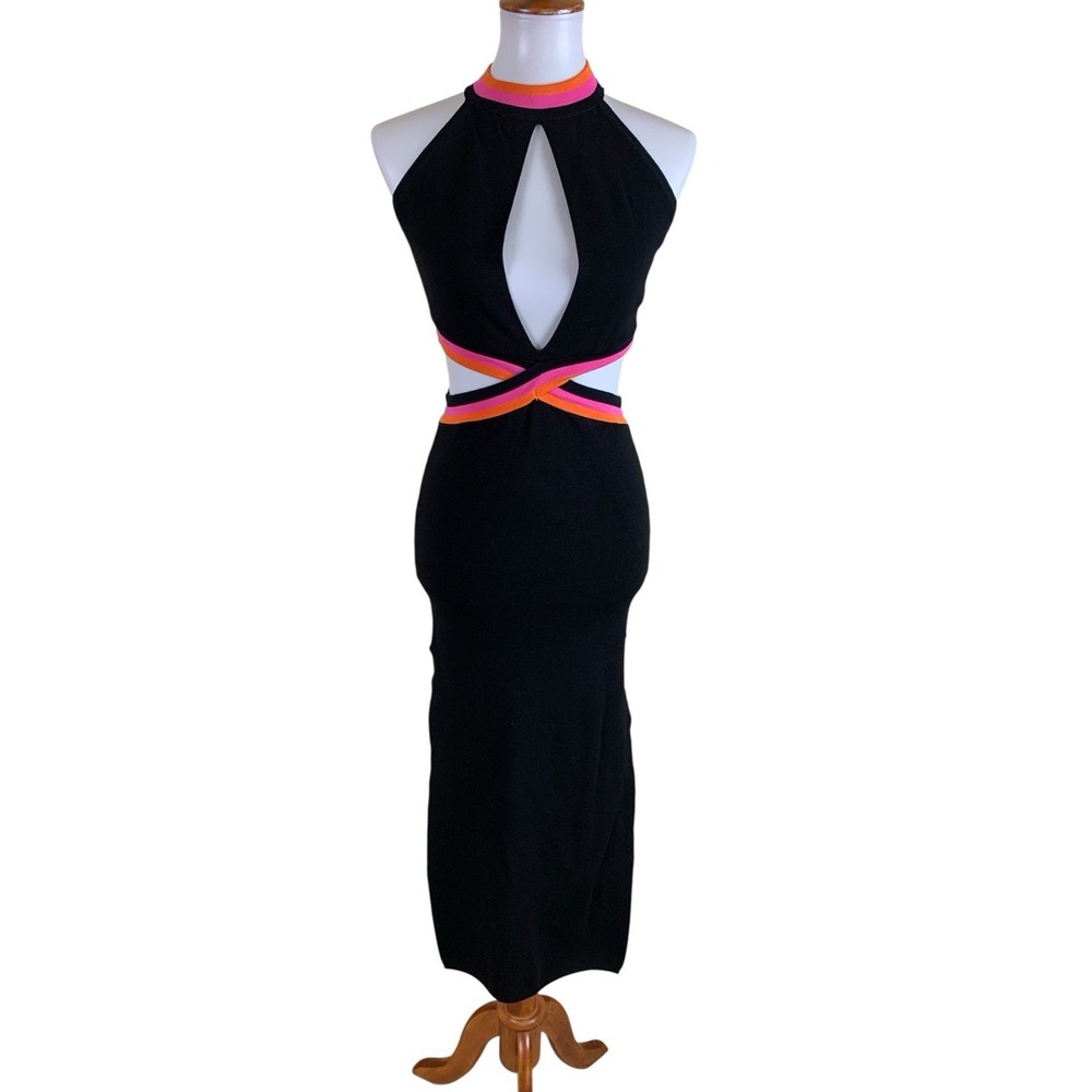 Seven Wonders Black Cutout Midi Dress Neon Trim Bodycon Halter S